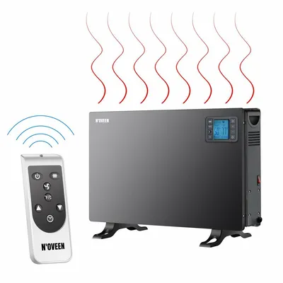 A black convector heater with a remote control and heat waves emanating from the top.
