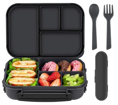 Image de Boîte à lunch pour enfants avec compartiments, boîte à bento pour enfants, boîte à lunch pour adultes, boîte à lunch de 1 200 ml avec 4 compartiments et couverts, adaptée au micro-ondes et au lave-vaisselle, sans BPA et réutilisable (gris foncé)