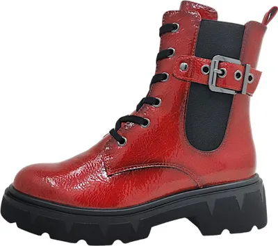 A single red boot with black laces and a black sole is shown against a white background.
