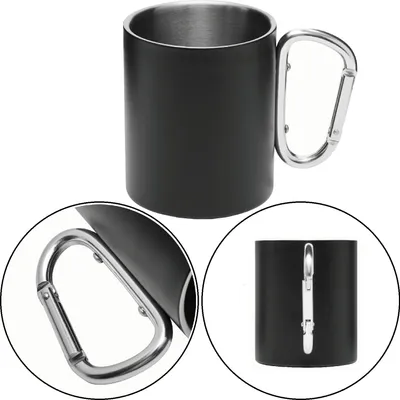 Produktbild von Thermobecher aus Edelstahl für Kaffee to go – Doppelwandiger thermo Trinkbecher in Schwarz/Silber ideal für Camping, Arbeit und unterwegs – Füllmenge 300 ml, leicht, mit Karabinerhaken