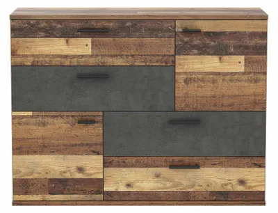 Kommode Sideboard SKIVE in Gesamtansicht mit Schubladen in Old-Wood- und Betonoptik dunkelgrau.