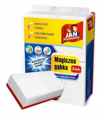 A product package for cleaning sponges, with a sponge shown in the foreground.