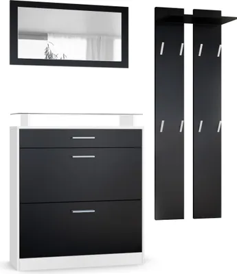Produktbild von Vladon Garderobe Loret mini, Garderobenset bestehend aus 1 Schuhschrank, 1 Wandspiegel und 2 Garderobenpaneele, Weiß matt/Schwarz matt