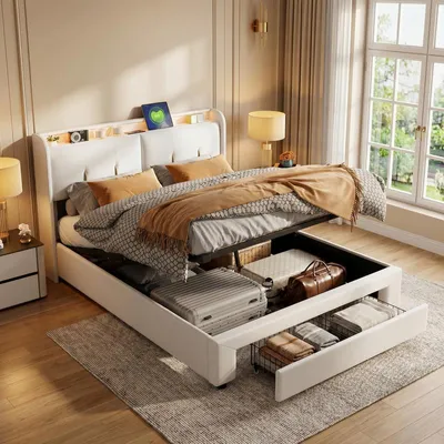 Produktbild von ProximaX Gasdruckbett 160×200 cm in Cremeweiß – Mit Stauraum im Kopfteil und Schublade am Fußteil – LED- und USB-Funktion – Ideal für Schlafzimmer
