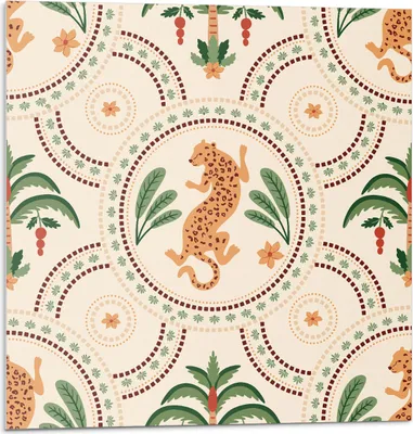 A repeating pattern of tropical elements including leopards, palm trees, and flowers.