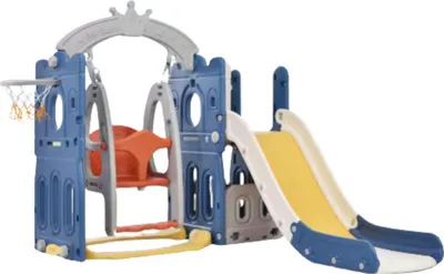 Produktbild von Kinder Garten-Spielset - 3-in-1 Kletterturm mit Rutsche, Kletterwand & Basketballkorb - Für Garten & Innenbereich - Stabiler HDPE Spielplatz - Blau & Gelb