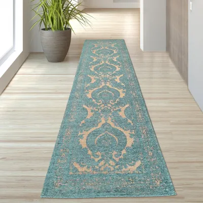 Produktbild von Marokkanischer Teppich blau goldene Ornamente Größe - 80 x 300 cm