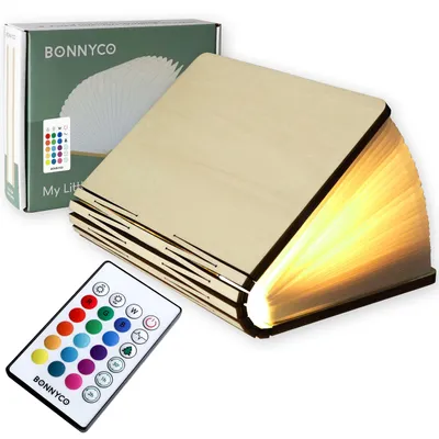 Produktbild von BONNYCO Buchlampe Holz mit Farbwechsel 16 Farben und Timer. LED Buchlampe Geschenk für Frauen und Männer zum Geburtstag Weihnachten. Kleine Lampe Deko Wohnzimmer Schlafzimmer Zimmer, Buch Lampe