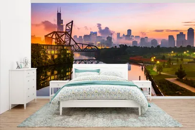Produktbild von MuchoWow® Fototapete für Wohnzimmer oder Schlafzimmer Wandtapete Vinyl Motivtapete Chicago - Park - Sonnenuntergang - 465x260 cm - Hintergrundbild