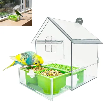Produktbild von Pull-Out Papageien-Futterstation, Vogelhäuser – Kein Durcheinander, Transparentes Vogelbad mit 2 Futterfächern, Für Papageien & Finken, 14,5×14×18,5cm