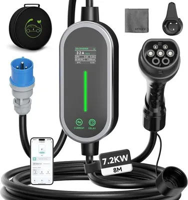 Productafbeelding van Type 2 Oplaadsnoer met App, 7.2kW Mobiele Wallbox 1-Fase/6-32A/8m Schuko Oplaadsnoer Draagbaar voor Elektrische Auto, EV PHEV, IP65