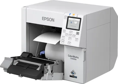 Produktbild von Epson ColorWorks C4000e (BK), Tintenstrahl, 1200 x 1200 DPI, 102 mm/sek, Farbe, Kabelgebunden, Weiß