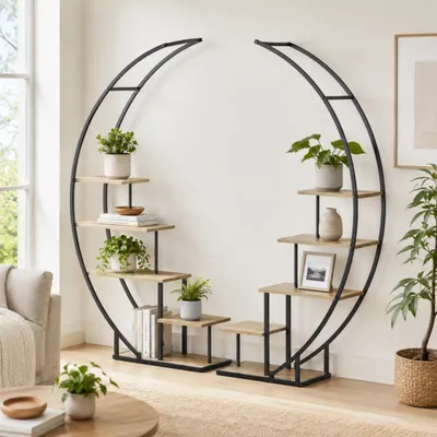 Obrázek produktu pro DanDiBo, regál na rostliny do interiéru, květinový regál, výška 170 cm, kov, černá barva, půlkruhový tvar, model 96700, velký, kulatý stojan na rostliny