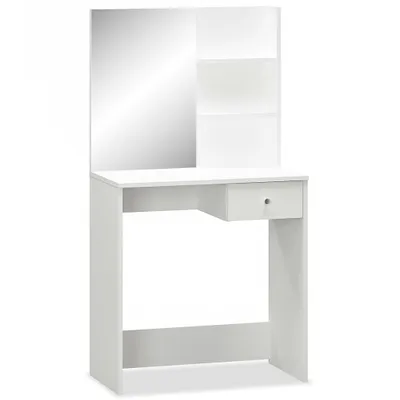 A white vanity table with a mirror and shelves.