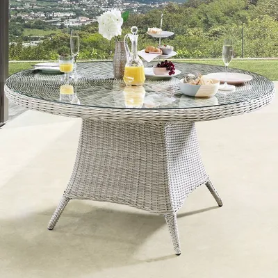 Immagine prodotto di Tavolo da giardino Destiny LUNA Ø120x75cm, con piano in vetro annesso, bianco vintage