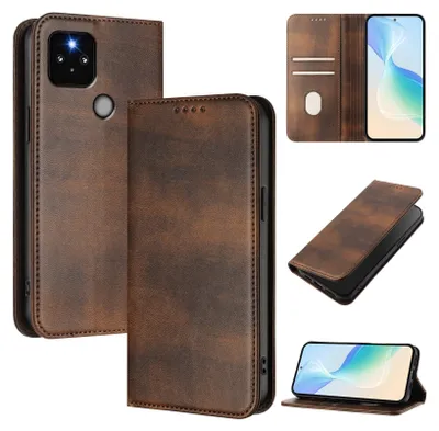 A collage of images showcasing a brown leather phone case for a Google Pixel 5.