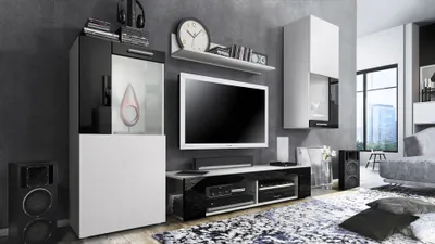 Produktbild von Vladon Wohnwand Movie, Anbauwand bestehend aus 1 TV-Board, 2 Vitrinen und 1 Regal, Weiß matt/Weiß matt/Schwarz Hochglanz (Gesamt: 300 x 190 x 39 cm)