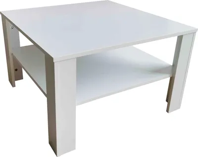 A white square coffee table with a lower shelf, shown from a slightly elevated side angle.