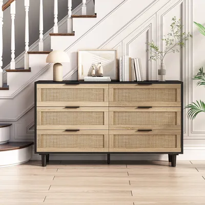 Immagine prodotto di Cassettiera AIORBER, rattan, 6 cassetti, stile rustico antico, molto spazio, credenza, adatta per camera da letto, soggiorno, 130x40x75cm, nero