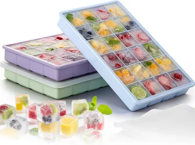 Zdjęcie produktu dla Formy do kostek lodu z silikonu z pokrywką - pojemnik na kostki lodu - pojemnik na kostki lodu z silikonu - zestaw 3 sztuk