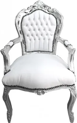 Produktbild von Casa Padrino Barock Esszimmer Stuhl mit Armlehnen Weiß / Silber Lederoptik - Möbel Antik Stil