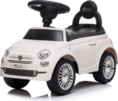 A white Fiat 500 ride-on toy car for children.