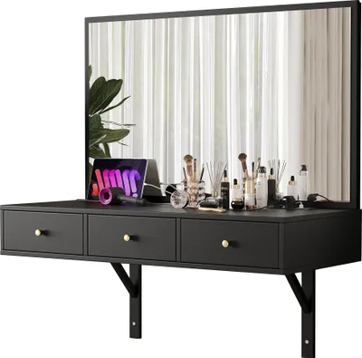 Image de Fortuna Lai Coiffeuse suspendue avec miroir, 3 tiroirs et prises électriques , emplacement pour tablette, porte-boisson ; noir 100 × 105 × 45 cm (L × H × P)