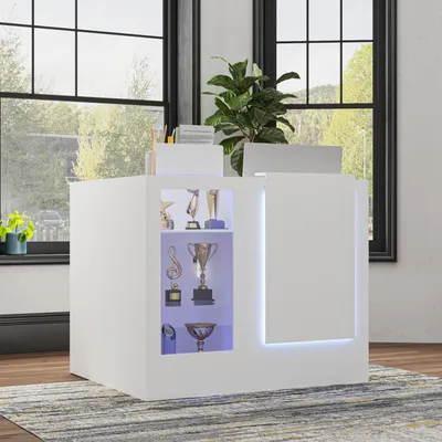 Produktbild von Eck-Empfangstheke Weiß 120x100x103cm, Empfangspult mit LED & Vitrine, P2-Spanplatte für Büro, Laden, Friseursalon, Kosmetikstudio, Praxis & Cafe