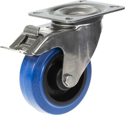Obrázek produktu pro 100mm otočné/brzdové kolečko z nerezové oceli s modrou elastickou gumou na nylonovém centu