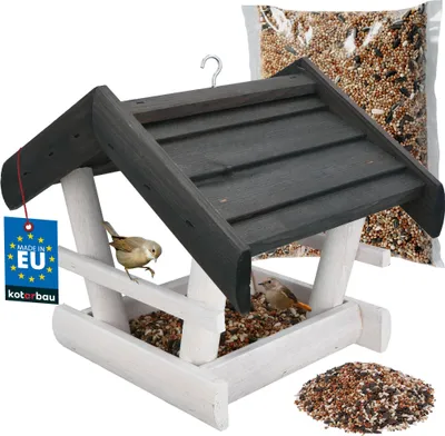 Produktbild von KOTARBAU® Vogelhaus zum Aufhängen 24 x 30,5 x 25,5 cm Vogelfutterhaus aus Holz Natürlich Vogelhäuschen + Vogelfutter 0,5 kg Grau Holzdeko für Garten