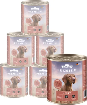 Produktbild von Dehner Premium Hundefutter, Nassfutter getreidefrei, für ausgewachsene Hunde, Rind / Pute, 6 x 800 g Dose (4.8 kg)