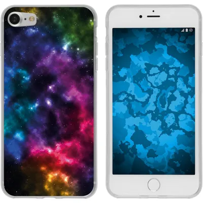 A phone case with a space nebula design and a smartphone with a blue camouflage wallpaper.
