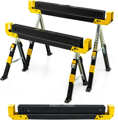 Obrázok produktu pre COSTWAY 2-miestny pracovný kozlík výškovo nastaviteľný s rukoväťou, skladací kozlík do 1180 kg, prenosný kozlík s protišmykovou PVC doskou, čierno-žltý