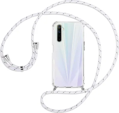 Produktbild von Handykette Backcover-Schutzhülle mit Band (Metall silberfarben) für Realme 6 / 6S - weiß/grau