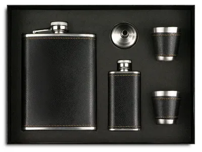 Image de Ensemble de gourde de 260 ml en acier inoxydable avec 2 verres à vin, couleur noire