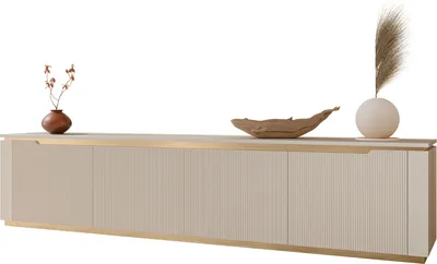 Produktbild von MIRJAN24 TV-Lowboard Hilafin 4K, Stilvoll Wohnzimmer, Lowboard mit vier Drehtüren (Farbe: Sandbeige + Gold)