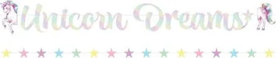 Produktbild von Einhorn Dreams Banner, 2-teilig, für Kindergeburtstag, mit ausgeschnittenen Einhörnern & Regenbogensternen
