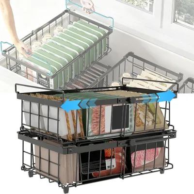 Imagen del producto de 2 cestas extraíbles para congeladores, organizadores para congeladores de 140 a 570 litros, con asas