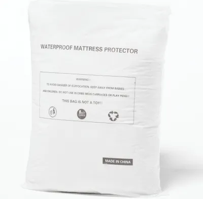 A white plastic bag with text and symbols printed on it.