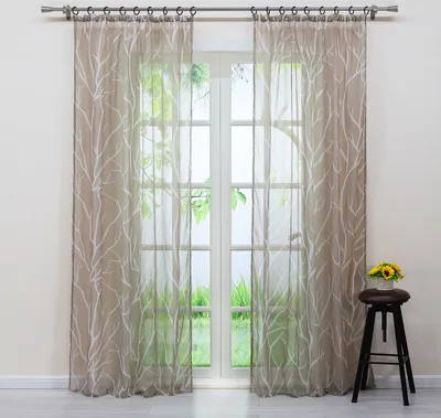 Produktbild von Joyswahl Vorhang Kräuselband Voile Gardinen mit weißem Zweigmuster Transparent Schlafzimmer Wohnzimmer BxH 140x175 cm Sand 1 Stück