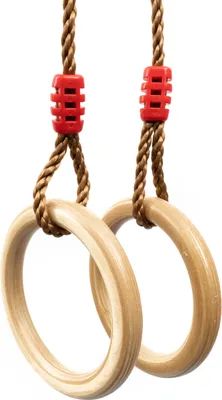 Produktbild von Gartenwelt Riegelsberger Turnringe Holz lasiert Rot, 1 Set, 120kg Belastbarkeit, Ø 19cm außen, Ø 145mm innen, Griff Ø 25mm, Nylonseil Ø 10mm 76-154cm verstellbar, 0,7kg, für Deckenhöhe 2,10m-2,55m, Fitness & Muskeltraining
