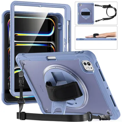 Image de Coque pour iPad Pro 11 Pouces M4 (2024) Protection Intégrale Antichoc avec Bandoulière et Sangle de Main - Violet
