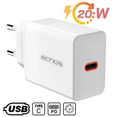 Image de Echos Chargeur rapide USB-C 20W | PD et PPS | Très large compatibilité | Compatible avec Apple iPhone 12/13/14, Samsung Galaxy S20/21/22, Xiaomi 10/11/12, Huawei Mate 20/30 Pro, P40,P30,P20, Redmi, OnePlus, Oppo, et plus encore | Puissance de sortie 5V 3A | blanc
