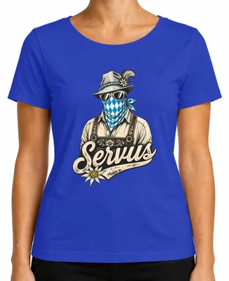 Imagen del producto de Servus Bayern: Pantalones de cuero tradicionales, camisa tradicional para , vestido tradicional "Dirndl", motivo Edelweiss, camiseta para mujer, azul, talla L