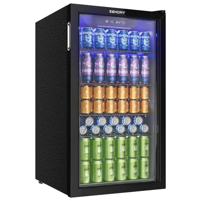 A black EUHOMY beverage refrigerator filled with cans of drinks.
