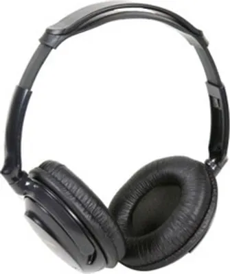 A pair of black over-ear headphones on a white background.