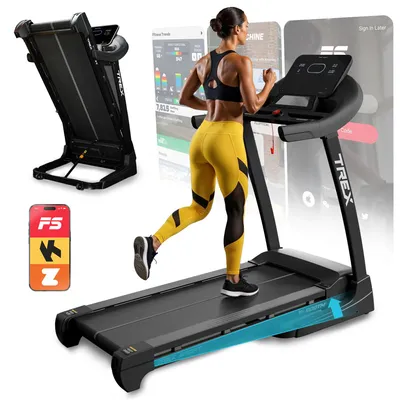 A woman is running on a treadmill, with a folded treadmill and a phone app shown separately.
