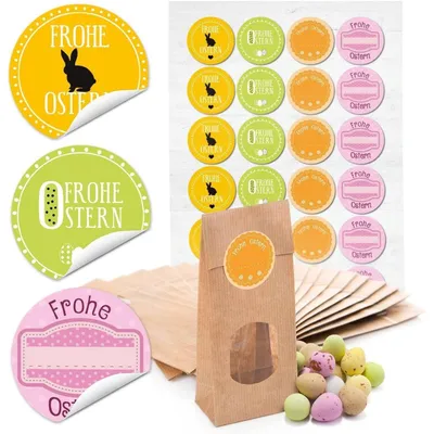 Produktbild von 24 kleine braune Ostertüten Geschenktüten MIT FENSTER + Pergamin 7 x 4 x 20,5 cm und 24 gelb pink rosa grün FROHE OSTERN OSTERHASE Osternaufkleber Geschenk Verpackung give-aways TütenBunte Osteraufkleber / 24 Stück