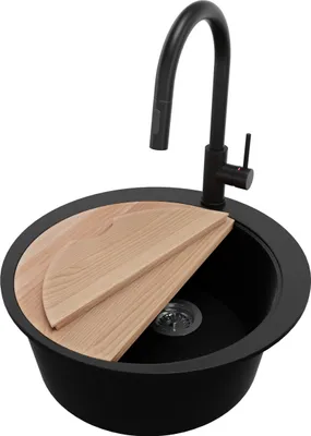 Produktbild von PRIMAGRAN Granitspüle Schwarz 53x53cm, Spülbecken Rund 1 Becken + Ablauf-Set + Küchenzubehörset, Küchenspüle ab 50er Unterschrank - Pisa Max