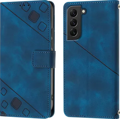 A blue leather flip case for a Samsung Galaxy S22 5G phone is shown from two angles.
